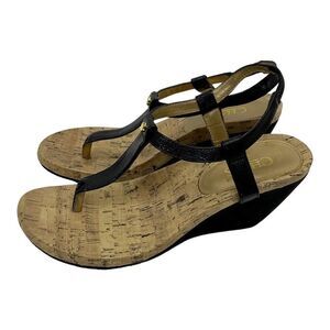 Chaps Raevyn Size 5.5 Black Thong Cork T-Strap Wedge Open Toe Slip On Sandals